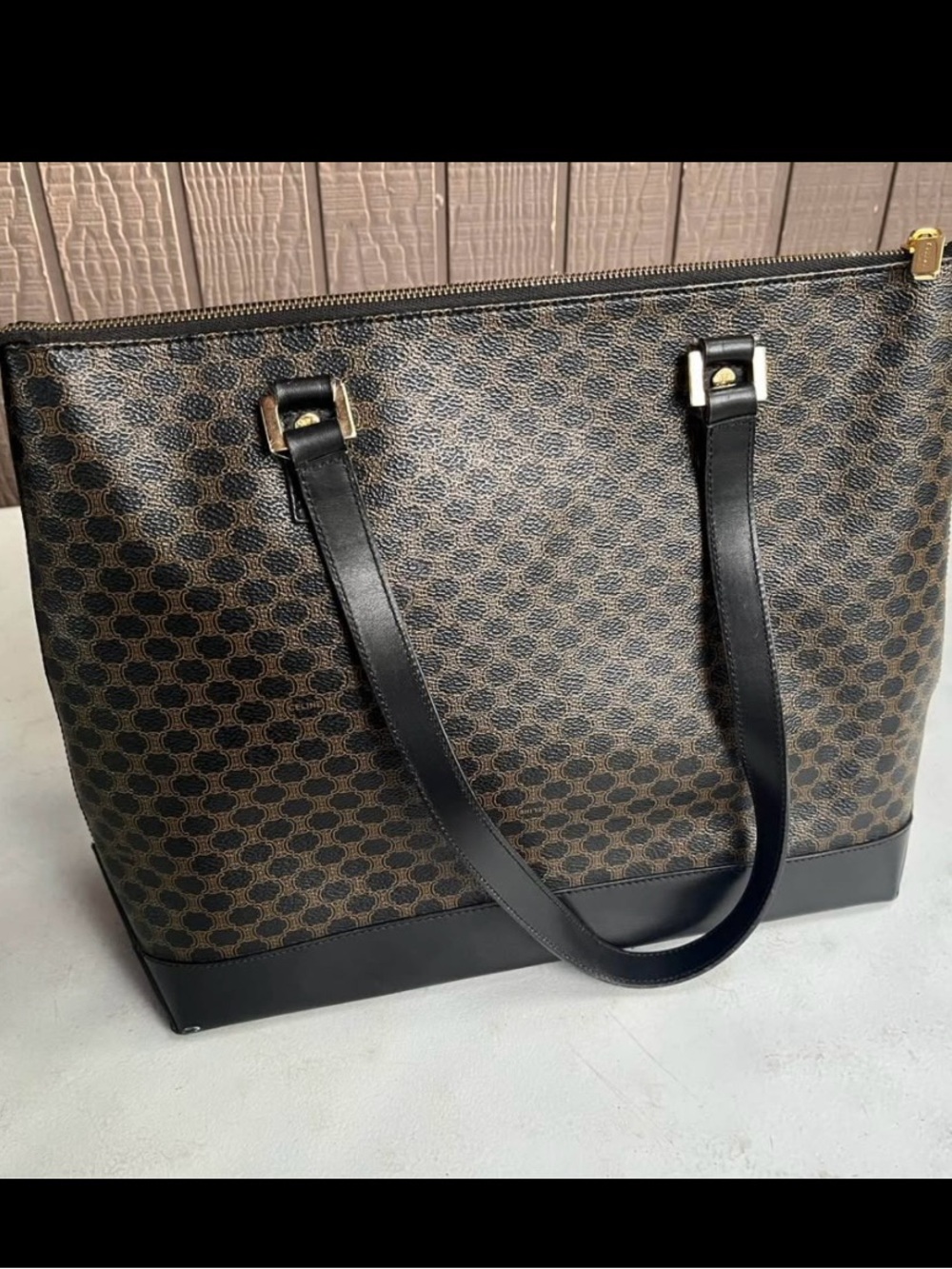 Celine Brown Monogram Tote with Black Trim